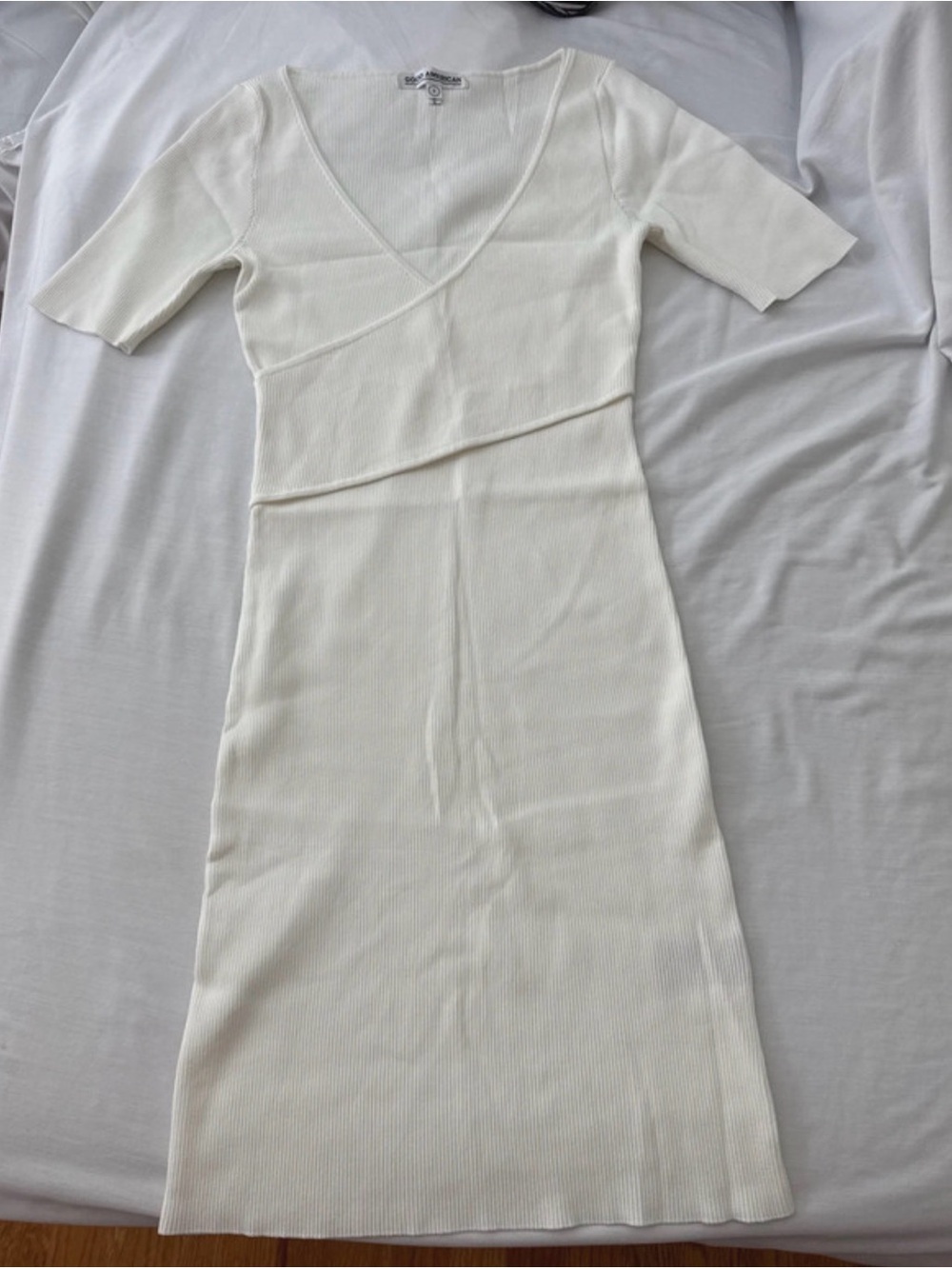 Good American Ivory Ribbed V-Neck Mini Dress